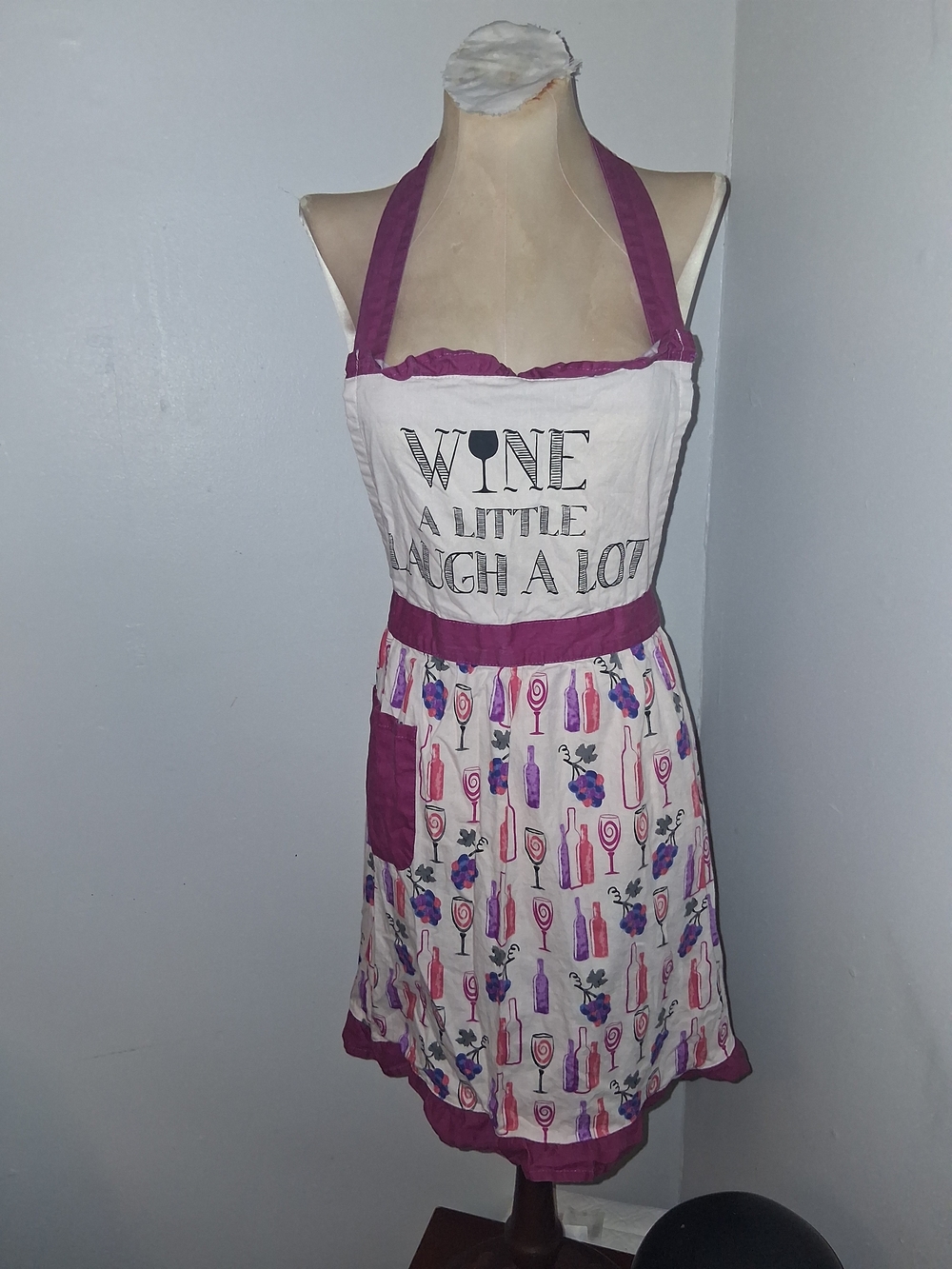 Source Unknown White Apron with Purple Trim and Wine Print